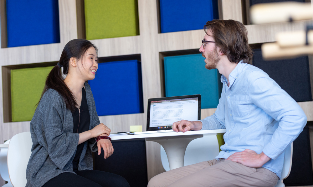 A student and an employer speaking at a desk with an open laptop.